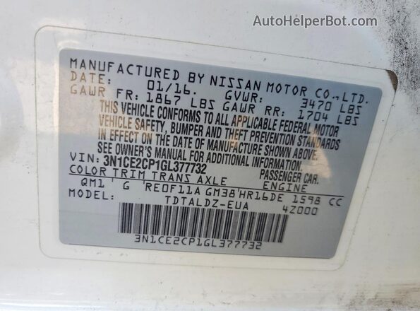 3N1CE2CP1GL377732 2016 NISSAN VERSA White Вид наклейки з VIN-кодом