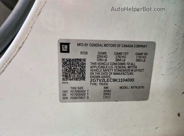 2GTV2LEC9K1104000 2019 GMC SIERRA White VIN sticker view