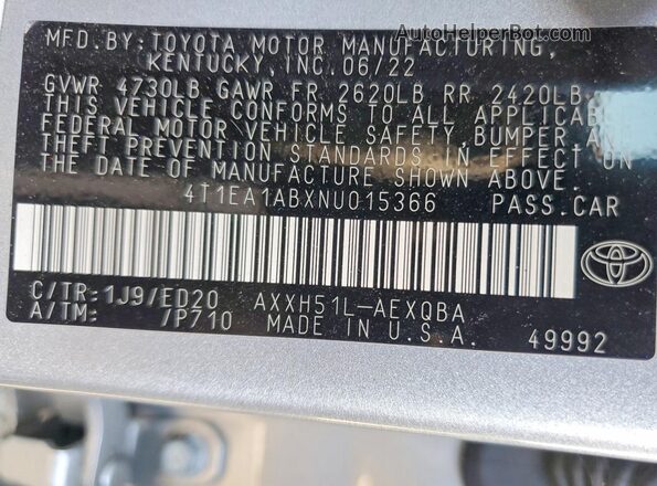 4T1EA1ABXNU015366 2022 TOYOTA AVALON Silver Vista de la etiqueta del VIN
