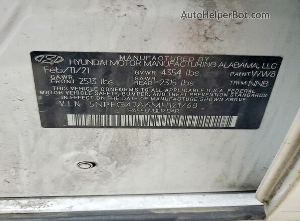 5NPEG4JA6MH121768 2021 HYUNDAI SONATA White Вид наклейки з VIN-кодом