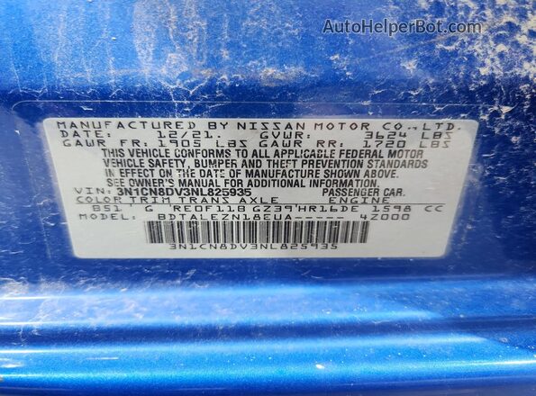 3N1CN8DV3NL825935 2022 NISSAN VERSA Синий Вид наклейки с VIN-кодом