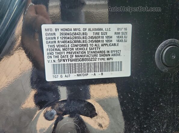 5FNYF6H85GB055232 2016 HONDA PILOT Черный Вид наклейки с VIN-кодом