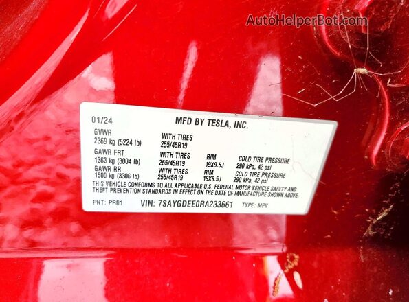 7SAYGDEE0RA233661 2024 TESLA MODEL Y Red VIN sticker view