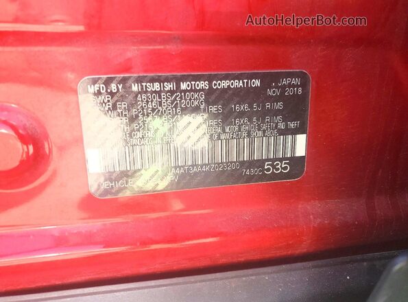 JA4AT3AA4KZ023200 2019 MITSUBISHI ECLIPSE Красный Вид наклейки с VIN-кодом