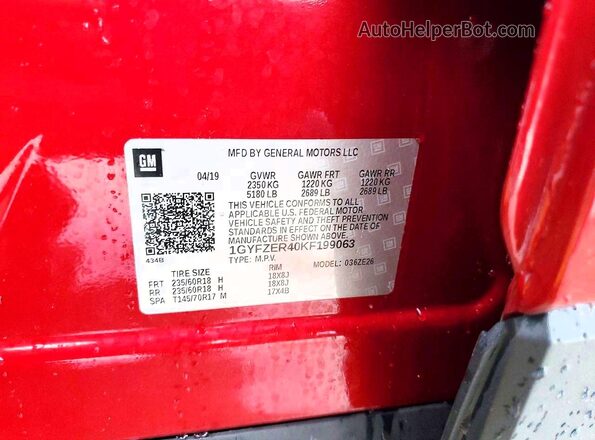 1GYFZER40KF199063 2019 CADILLAC XT4 Red Vista interior de 360 grados