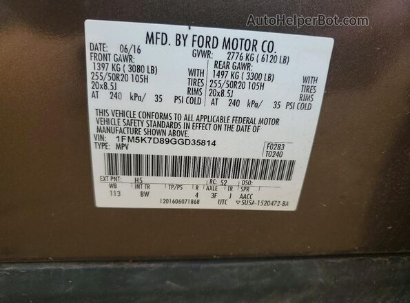 1FM5K7D89GGD35814 2016 FORD EXPLORER Tan Widok wnętrza 360 stopni