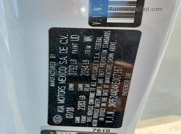 3KPF24AD4KE007167 2019 KIA FORTE White Widok naklejki z numerem VIN