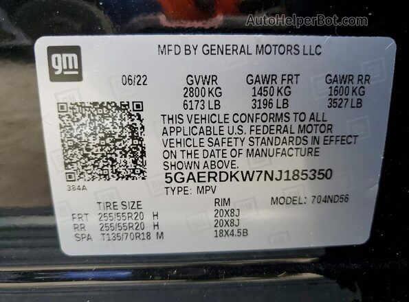 5GAERDKW7NJ185350 2022 BUICK ENCLAVE Black 360 interior view