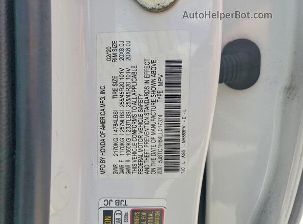 5J8TC1H64LL017374 2020 ACURA RDX White VIN sticker view