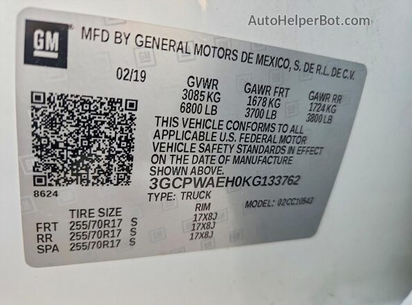 3GCPWAEH0KG133762 2019 CHEVROLET SILVERADO White Вид наклейки з VIN-кодом