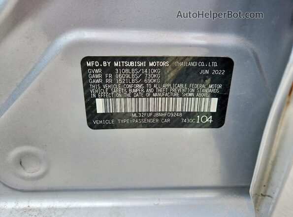 ML32FUFJ8NHF09248 2022 MITSUBISHI MIRAGE Silver Vista de la etiqueta del VIN