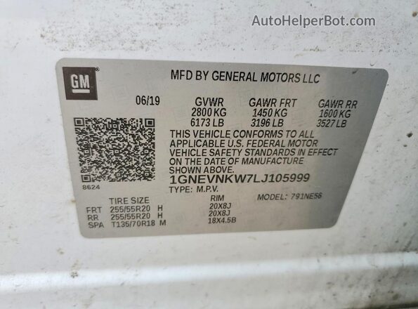 1GNEVNKW7LJ105999 2020 CHEVROLET TRAVERSE White სალონის 360-გრადუსიანი ხედი