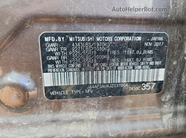 JA4AP3AU4JZ031004 2018 MITSUBISHI OUTLANDER Gray VIN կոդի պիտակի տեսք