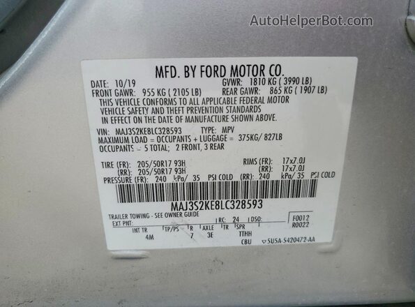 MAJ3S2KE8LC328593 2020 FORD ECOSPORT Silver 