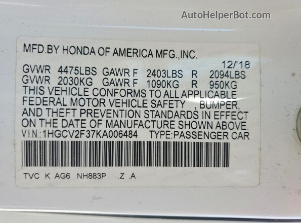 1HGCV2F37KA006484 2019 HONDA ACCORD White Панорамний вид салону 360°