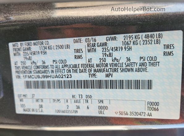 1FMCU9J99HUA02123 2017 FORD ESCAPE Gray Vista interior de 360 grados