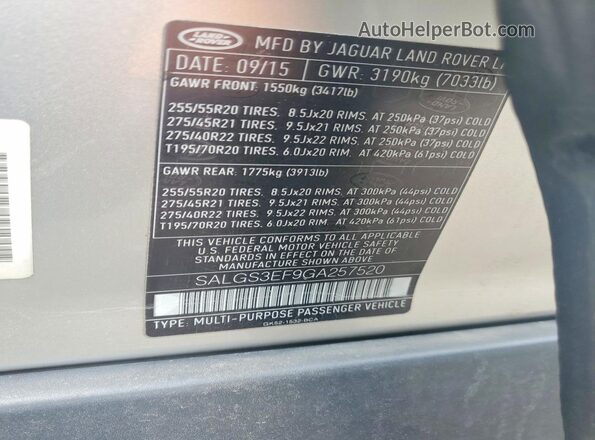 SALGS3EF9GA257520 2016 LAND ROVER RANGE Silver Widok wnętrza 360 stopni