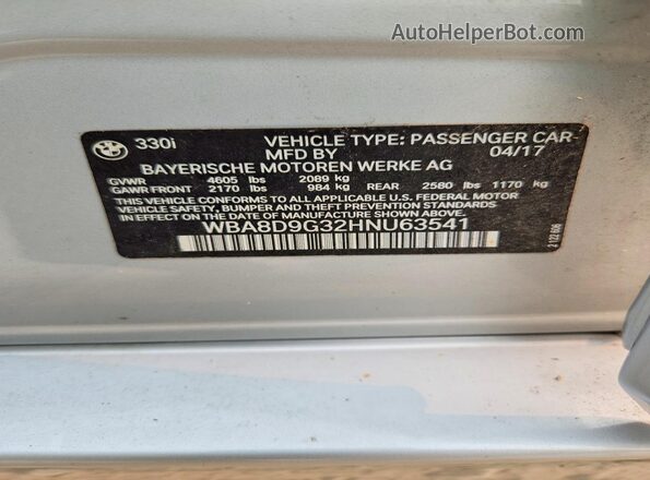 WBA8D9G32HNU63541 2017 BMW 3 SERIES White VIN კოდის სტიკერის ხედი