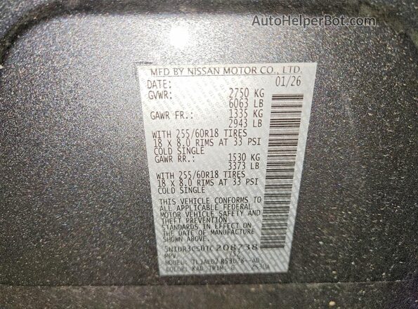 5N1DR3CS0TC208738 2026 NISSAN PATHFINDER Gray Vista de la etiqueta del VIN