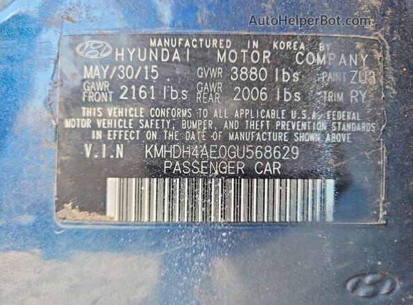 KMHDH4AE0GU568629 2016 HYUNDAI ELANTRA Blue Widok naklejki z numerem VIN