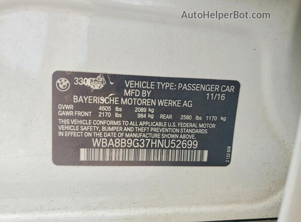 WBA8B9G37HNU52699 2017 BMW 3 SERIES Белый Вид наклейки с VIN-кодом