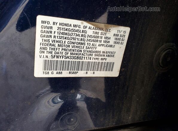 5FNYF5H33GB021174 2016 HONDA PILOT Blue VIN կոդի պիտակի տեսք