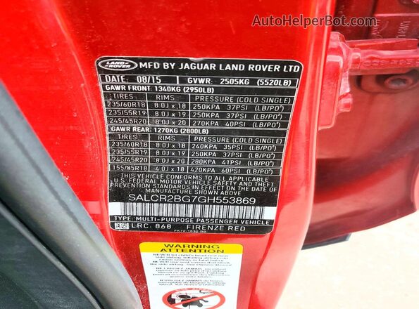 SALCR2BG7GH553869 2016 LAND ROVER DISCOVERY Red Вид наклейки з VIN-кодом