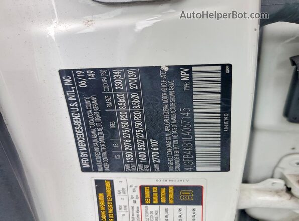 4JGFB4KB1LA067145 2020 MERCEDES-BENZ GLE-CLASS White VIN კოდის სტიკერის ხედი