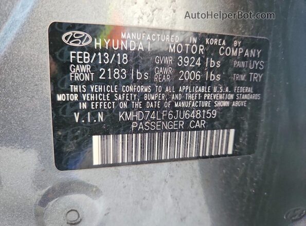 KMHD74LF6JU648159 2018 HYUNDAI ELANTRA Gray Vista de la etiqueta del VIN