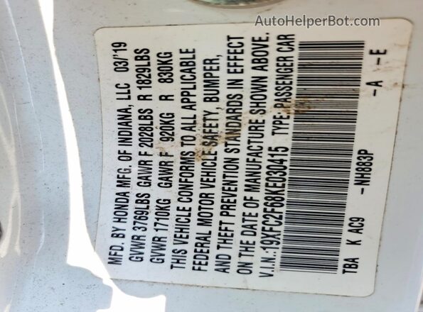 19XFC2F68KE030415 2019 HONDA CIVIC White VIN sticker view