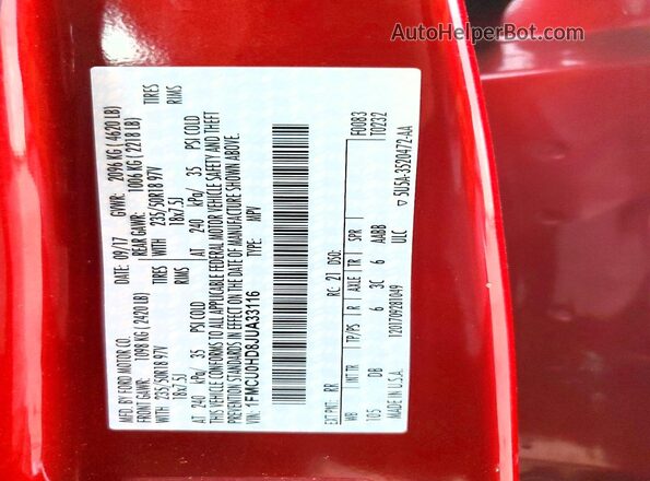 1FMCU0HD8JUA33116 2018 FORD ESCAPE Red Vista de la etiqueta del VIN