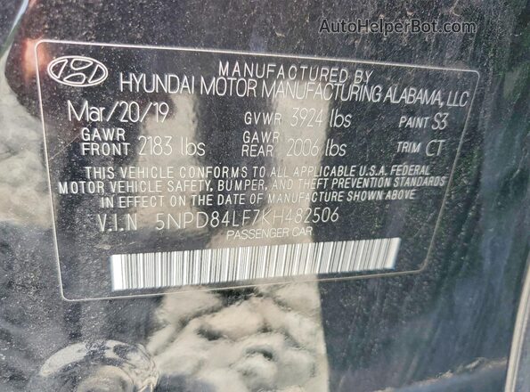5NPD84LF7KH482506 2019 HYUNDAI ELANTRA Black VIN კოდის სტიკერის ხედი