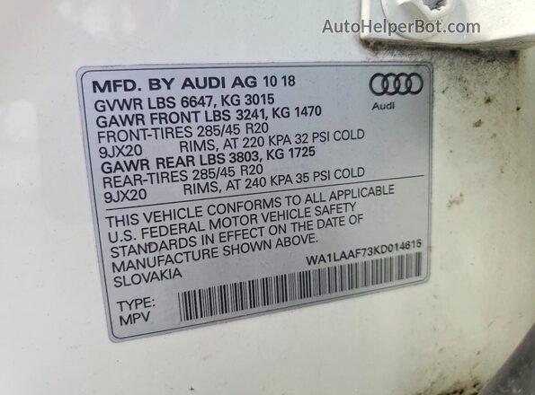 WA1LAAF73KD014615 2019 AUDI Q7 White Widok wnętrza 360 stopni