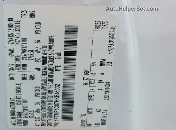 1FTMF1C87HKE46332 2017 FORD F150 Белый Вид наклейки с VIN-кодом