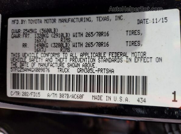 5TFCZ5AN4GX009876 2016 TOYOTA TACOMA Black Widok naklejki z numerem VIN