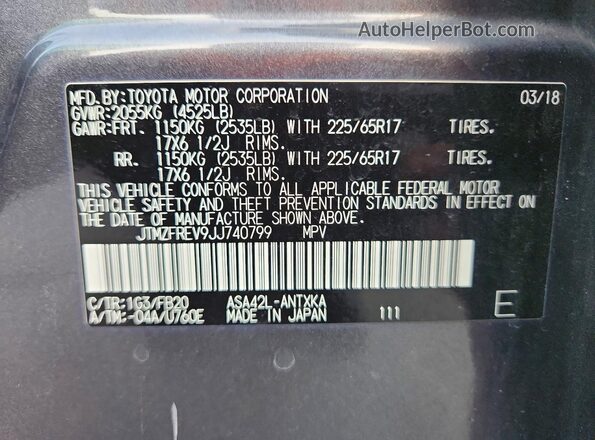 JTMZFREV9JJ740799 2018 TOYOTA RAV4 Gray Widok naklejki z numerem VIN