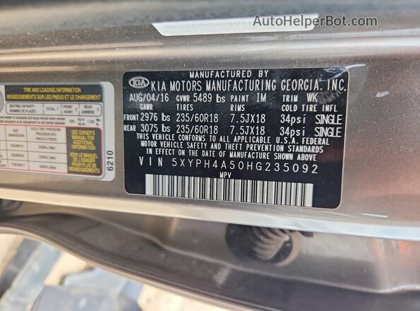 5XYPH4A50HG235092 2017 KIA SORENTO Gray Vista interior de 360 grados