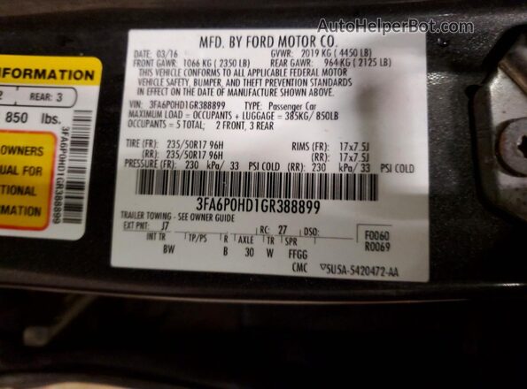 3FA6P0HD1GR388899 2016 FORD FUSION Серый Вид наклейки с VIN-кодом