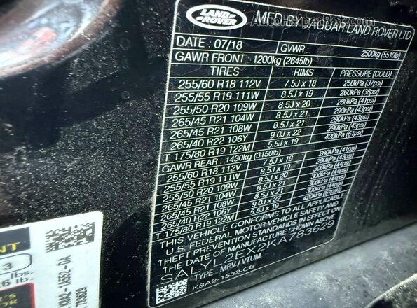 SALYL2EX2KA783629 2019 LAND ROVER RANGE Black Engine compartment view