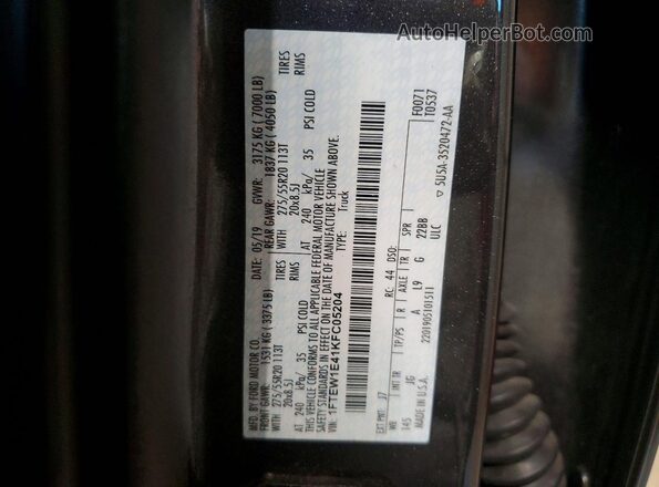 1FTEW1E41KFC05204 2019 FORD F150 Gray Vista de la etiqueta del VIN