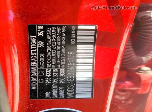 WDDSJ4EB3JN684138 2018 MERCEDES-BENZ CLA-CLASS Red VIN კოდის სტიკერის ხედი