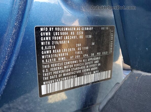 WVGBV7AX2HW502060 2017 VOLKSWAGEN TIGUAN Синий Вид подкапотного пространства