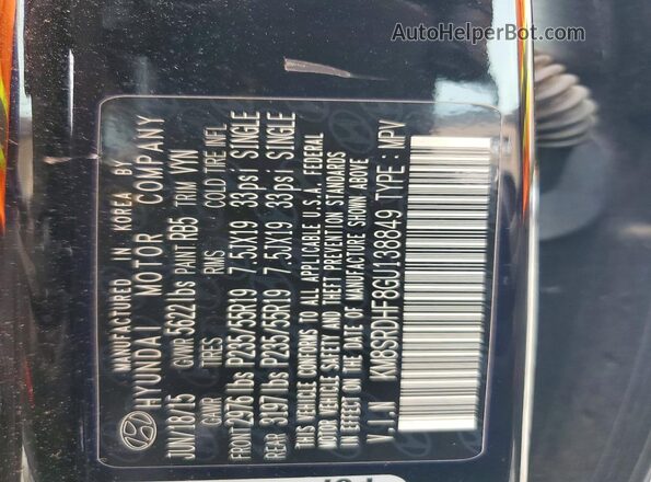 KM8SRDHF8GU138849 2016 HYUNDAI SANTA FE Черный Панорамный вид салона 360°