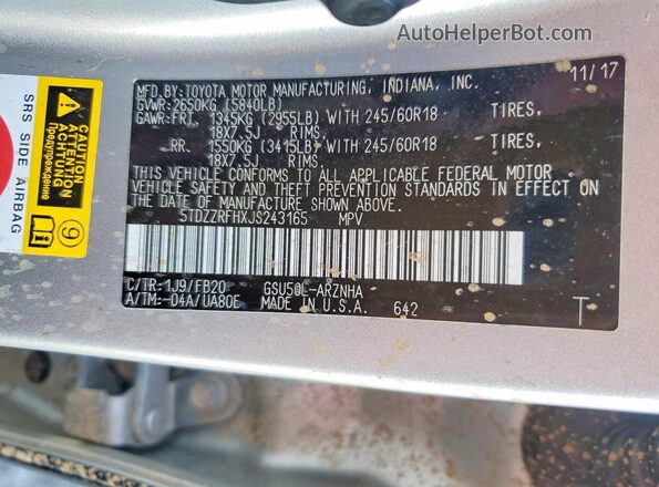 5TDZZRFHXJS243165 2018 TOYOTA HIGHLANDER Silver Vista interior de 360 grados