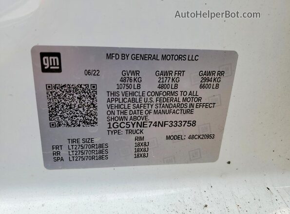 1GC5YNE74NF333758 2022 CHEVROLET SILVERADO White VIN կոդի պիտակի տեսք