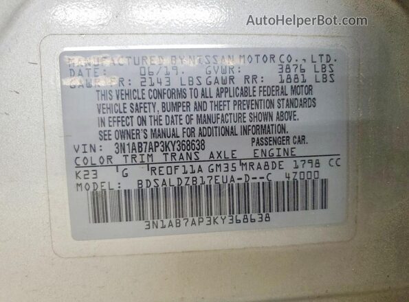 3N1AB7AP3KY368638 2019 NISSAN SENTRA Silver Widok naklejki z numerem VIN