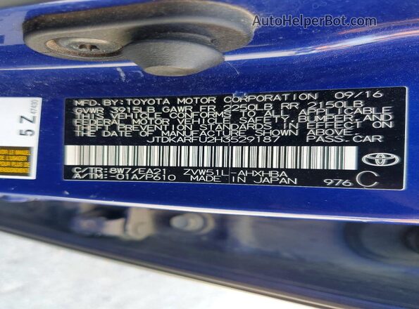 JTDKARFU2H3529187 2017 TOYOTA PRIUS Blue 360 interior view