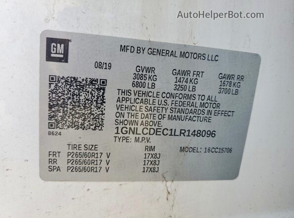 1GNLCDEC1LR148096 2020 CHEVROLET TAHOE White VIN კოდის სტიკერის ხედი