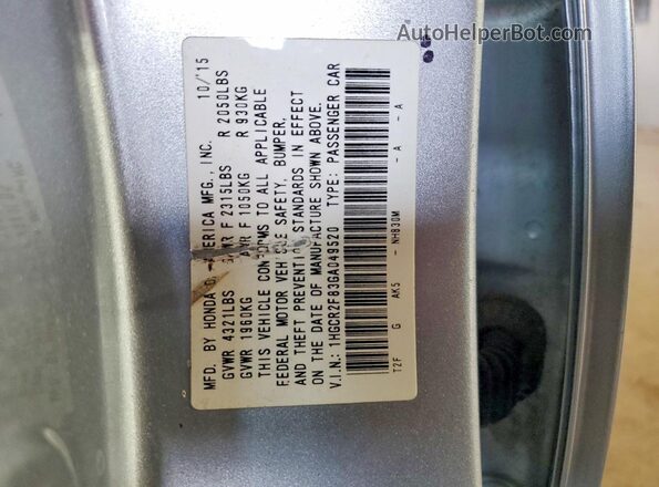 1HGCR2F83GA049520 2016 HONDA ACCORD Silver Widok naklejki z numerem VIN