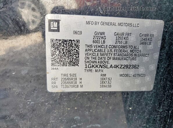 1GKKNSLA4KZ292362 2019 GMC ACADIA Black Панорамний вид салону 360°